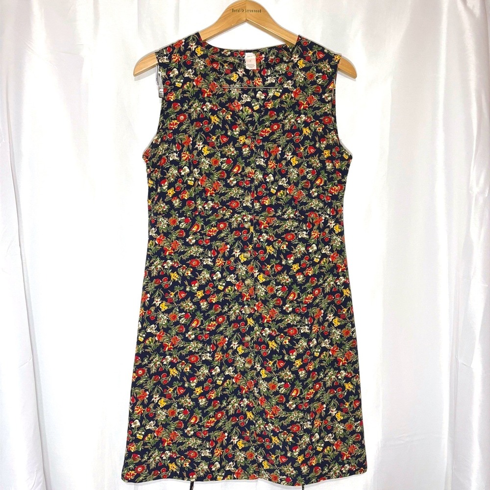 Vintage Floral Button Front Sleeveless Dress Navy Blue Cottagecore Size 6